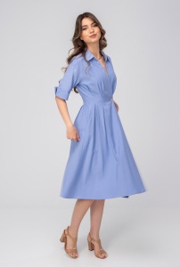 Rochie Larina damă bleu, cu croi amplu și talie marcată