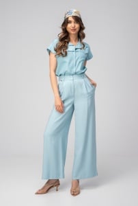 Pantaloni Meda Aqua palazzo din modal, cu talie înaltă