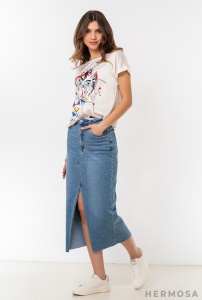 Fustă Midi Din Denim cu Efect Prespălat