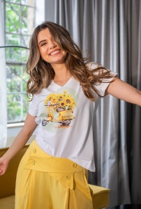 Tricou din bumbac cu imprimeu pictural realist 25858, Hermosa, alb