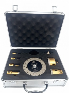 Set carote diamantate pt. gresie portelanata & piatra - diam. 6, 8, 10, 20, 35, 68 (mm), freza conica, disc taiere si ceara PREMIUM - DXDY.GOLDrill.9SET