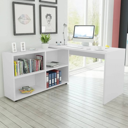 Birou de Colț Alb cu 4 Rafturi – Design Compact și Funcțional pentru Orice Spațiu