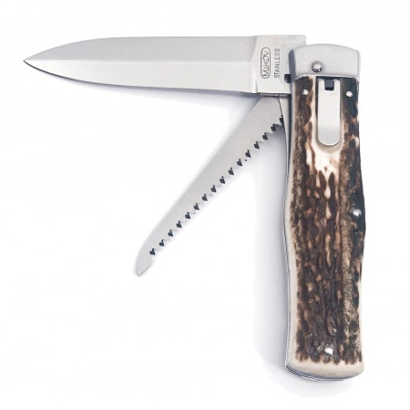 Briceag Mikov Switchblade Predator inoxidabil cu ferastrau, maner corn de cerb, teaca piele