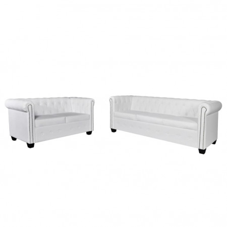 Canapea Chesterfield cu 2 și 3 locuri, piele artificială, alb