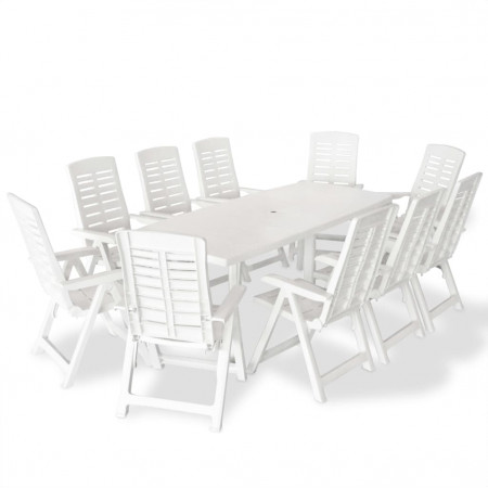 Set mobilier de grădină, 11 piese, alb, plastic