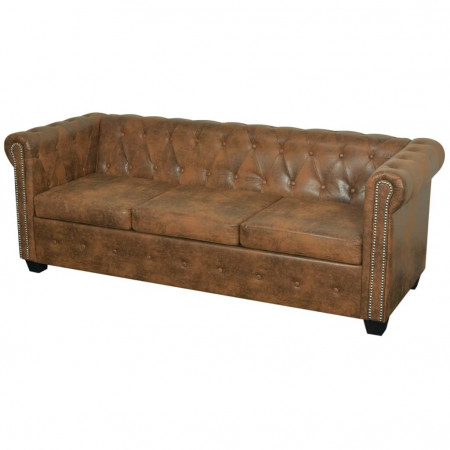 Canapea Chesterfield din piele artificială, 3 locuri, maro