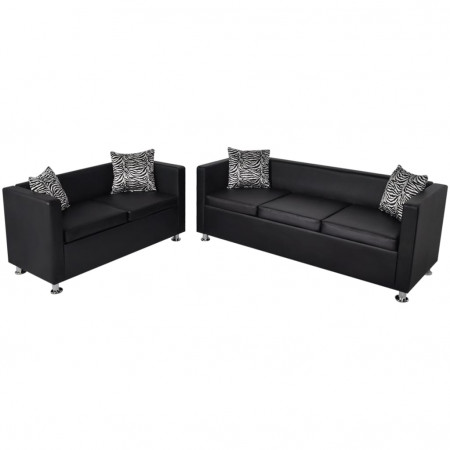Set canapele 3 locuri și 2 locuri, piele artificială, negru