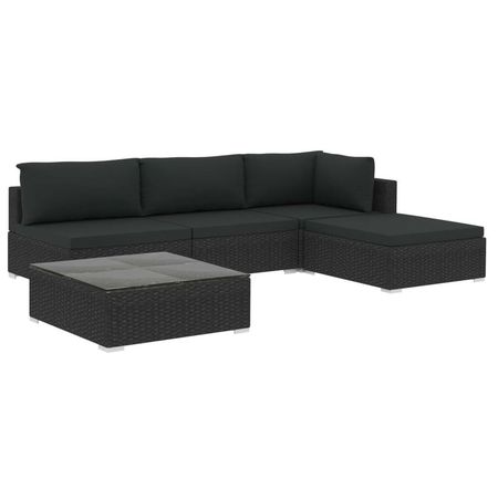 Set mobilier de grădină cu perne, 5 piese, negru, poliratan