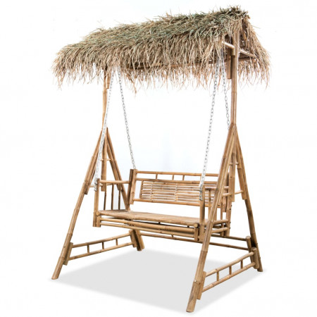 Leagăn 2 locuri, cu frunze de palmier, bambus, 202 cm