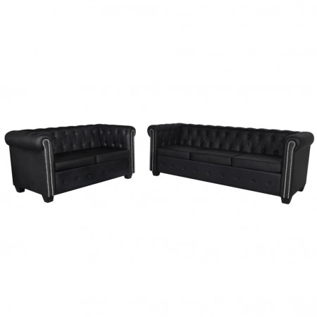 Canapea Chesterfield cu 2 și 3 locuri, piele artificială, negru