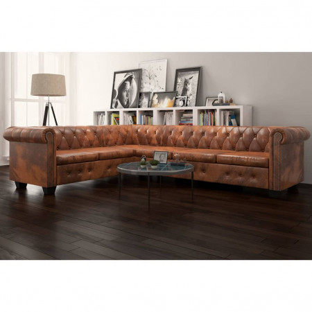 Canapea colțar Chesterfield, 6 locuri, piele artificială, maro