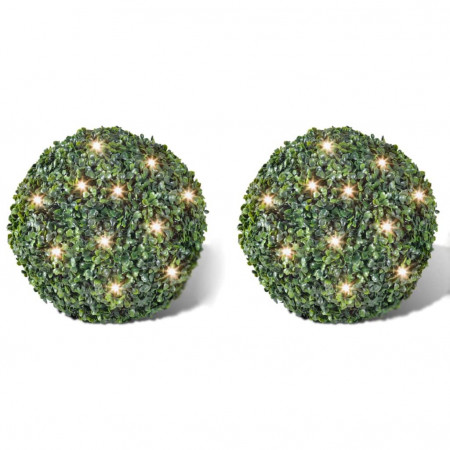Sferă lemn și frunze artificiale LED-uri energie solară 35 cm, 2 buc