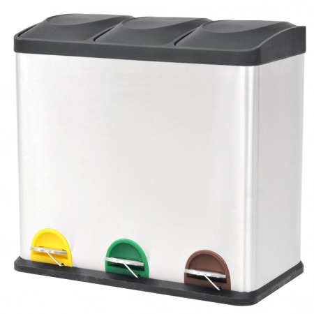 Coș gunoi cu pedale pentru reciclare, oțel inoxidabil, 3 x 18 L