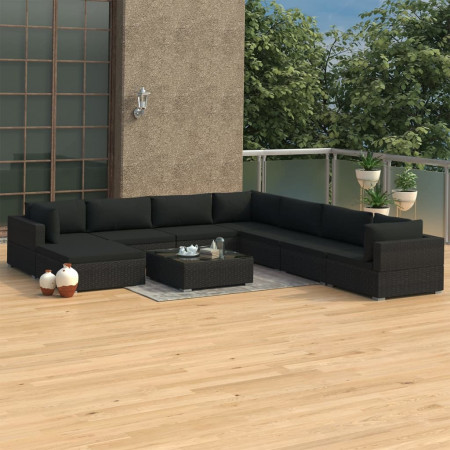 Set mobilier de grădină cu perne, 9 piese, negru, poliratan