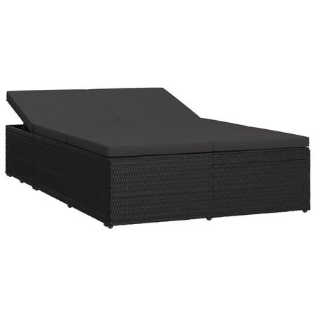 Șezlong tip pat rabatabil cu pernă, negru, poliratan