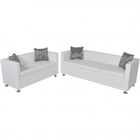 Set canapele 3 locuri și 2 locuri, piele artificială, alb