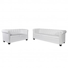 Canapea Chesterfield cu 2 și 3 locuri, piele artificială, alb