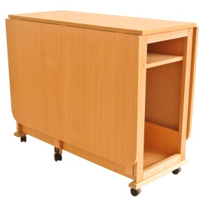 Masa plianta cu spatiu depozitare Util, pentru living si bucatarie, PAL, structura lemn masiv, cu role, 6 persoane, 160x96x80 cm, fag - Img 3