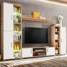 Mobilier sufragerie spațiu TV, lumini LED, Stejar Sonoma și Alb