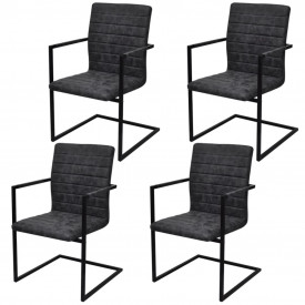 Scaune de bucătărie cantilever striate cu brațe, 4 buc, negru