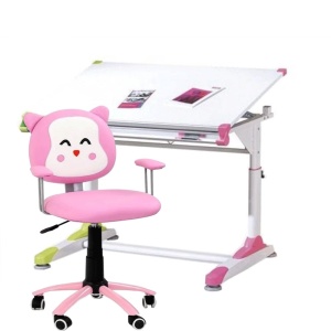 Set birou ergonomic HM Collorido, inaltime reglabila, unghi inclinare ajustabil, MDF, alb si scaun birou HM Kitty, piele ecologica, Mecanism de balans, 80 Kg, roz
