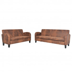 Set canapea 2 piese Piele întoarsă artificială Maro - Img 2