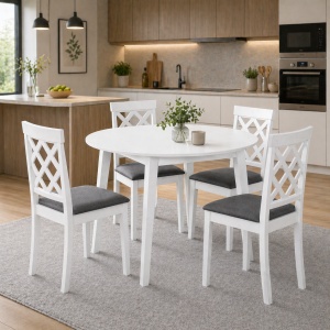 Set masa living plianta Philadelphia, MDF, lemn masiv, rotunda, 55 90 x 90 x 74,8 cm si 4 scaune Vienna, tapiterie stofa, 94x49x40 cm, alb