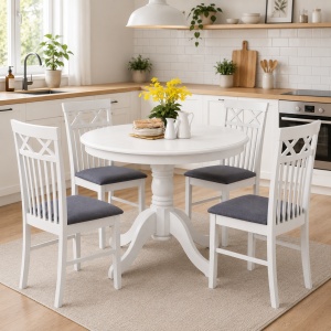 Set masa living rotunda Montreal, lemn masiv, MDF, 90x73.8 cm si 4 scaune Rebecca, tapiterie stofa,100 kg, 94x49x43.5 cm, alb gri