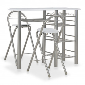Set mobilier de bar, cu rafturi, 3 piese, alb, lemn și oțel - Img 1