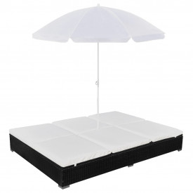 Șezlong cu umbrelă, poliratan, negru