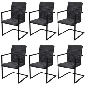 6 Scaune de bucătărie cantilever striate cu brațe, negru