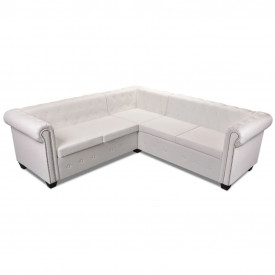 Canapea colțar Chesterfield cu 5 locuri din piele artificială, alb - Img 3