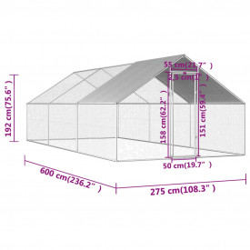 Coteț de exterior pentru păsări, 2,75x8x2 m, oțel galvanizat - Img 6
