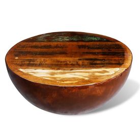 Măsuță cafea, formă de bol, bază din oțel, lemn masiv reciclat