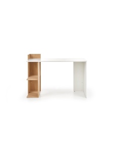 Set birou HM Fino, 2 rafturi, PAL melaminat, 122x57x85 cm, stejar auriu si scaun copii HM Gonzo 2, Ergonomic, tapitat cu piele ecologica, cu brate, 90 Kg, Alb - Img 3