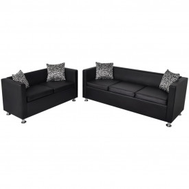 Set canapele 3 locuri și 2 locuri, piele artificială, negru