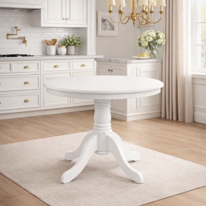 Set masa living rotunda Montreal, lemn masiv, MDF, 90x73.8 cm si 4 scaune Rebecca, tapiterie stofa,100 kg, 94x49x43.5 cm, alb gri - Img 2