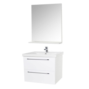 Set mobilier baie suspendat, cu lavoar ceramic, GN0541, front MDF, 60 cm, 2 sertare, glisiere soft close si oglinda cu polita GN0551, dreptunghiulara, PAL, alb