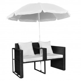 Mobilier grădină din poliratan cu parasolar, Negru - Img 5
