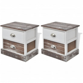 Noptiere shabby chic din lemn, 2 buc, maro și alb - Img 2