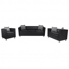 Set canapele 3 și 2 locuri și fotoliu, piele artificială, negru