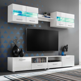 Set comodă TV de perete, 5 piese, lumini LED, alb lucios - Img 1