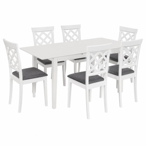 Set masa living extensibila Miami, MDF, lemn masiv, 120 150 x 80 x 73.8 cm si 6 scaune Vienna, tapitat stofa, 94x49x40 cm, alb gri - Img 2