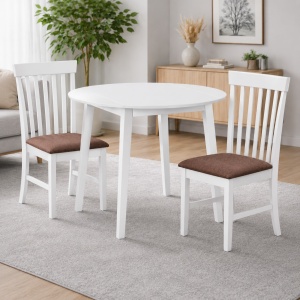 Set masa living plianta Philadelphia, MDF, lemn masiv, rotunda, 55 90 x 90 x 74,8 cm si 2 scaune Glendale, stofa,100 kg, 93x49x41.5 cm, alb maro