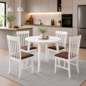 Set masa living plianta Philadelphia, MDF, lemn masiv, rotunda, 55 90 x 90 x 74,8 cm si 4 scaune Glendale, stofa,100 kg, 93x49x41.5 cm, alb maro