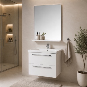 Set mobilier baie suspendat, cu lavoar ceramic, GN0541, front MDF, 60 cm, 2 sertare, glisiere soft close si oglinda cu polita GN0551, dreptunghiulara, PAL, alb - Img 4