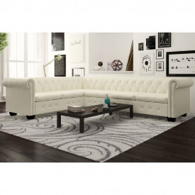 Canapea colțar Chesterfield, piele artificială, 6 locuri, alb