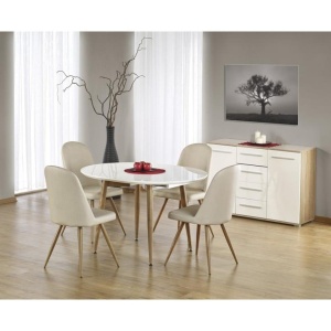 Masa living extensibila HM Edward, blat MDF, structura metalica, ovala, 6 persoane, 120-200x100x75 cm, alb stejar - Img 2