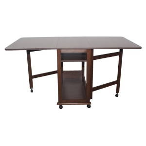 Masa plianta cu spatiu depozitare Util, pentru living si bucatarie, PAL, structura lemn masiv, cu role, 6 persoane, 160x96x80 cm, cires