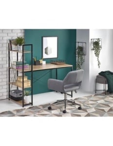 Set birou cu rafturi HM Narvik B1, cadru metalic, PAL melaminat, 120x64x120 cm, stejar sonoma negru si scaun stofa tip catifea SL Q020, inaltime reglabila, cadru cromat, 90 kg, Gri - Img 3